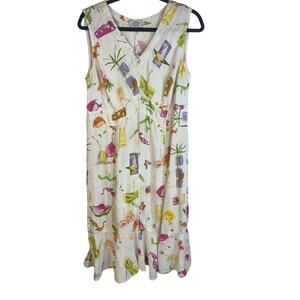 Vintage California Threads Linen Dress L USA Novelty Print Sleeveless Midi
